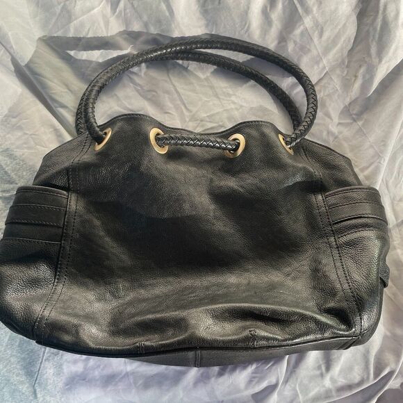 COLE HAAN  Pebble Leather Braided Drawstring Handle Black SHOULDER BAG HOBO - Picture 4 of 10